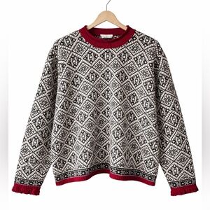 Talbots Fair Isle Nordic Knit Sweater Tassel Cuffs Red Black XL Snowflake Warm